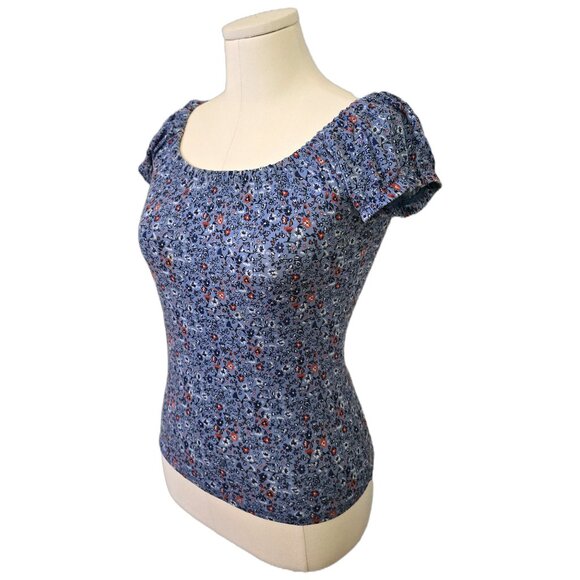 Blue Floral Top Cottage Garden Round Neck Ruffle Sleeves Peasant Blouse Sz S - Picture 2 of 8